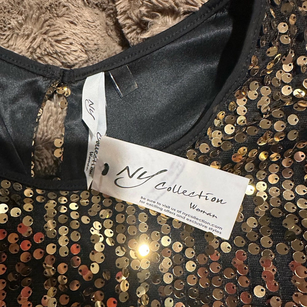 NY Collection Gold Sequin Black Blouse - Picture 2 of 7